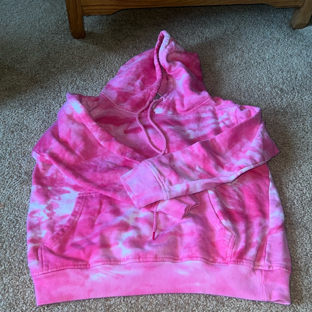 Pink and white tie-dye sweatshirt with hood and pockets